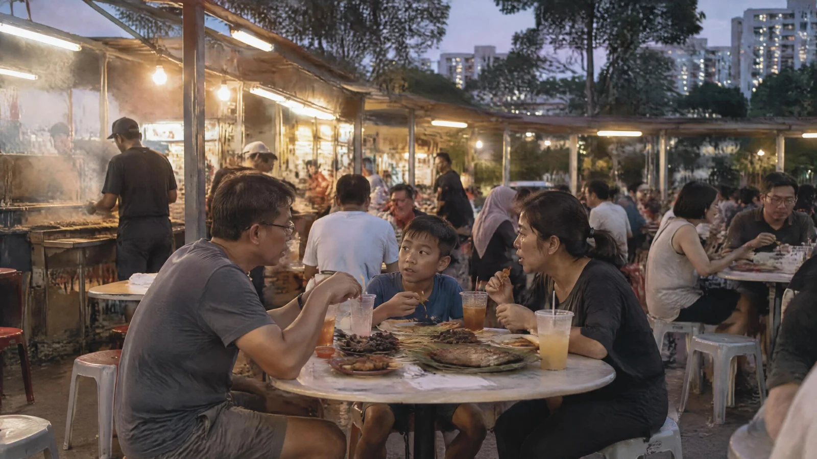 Families eating satay and grilled stingray at an open-air hawker centre at dusk